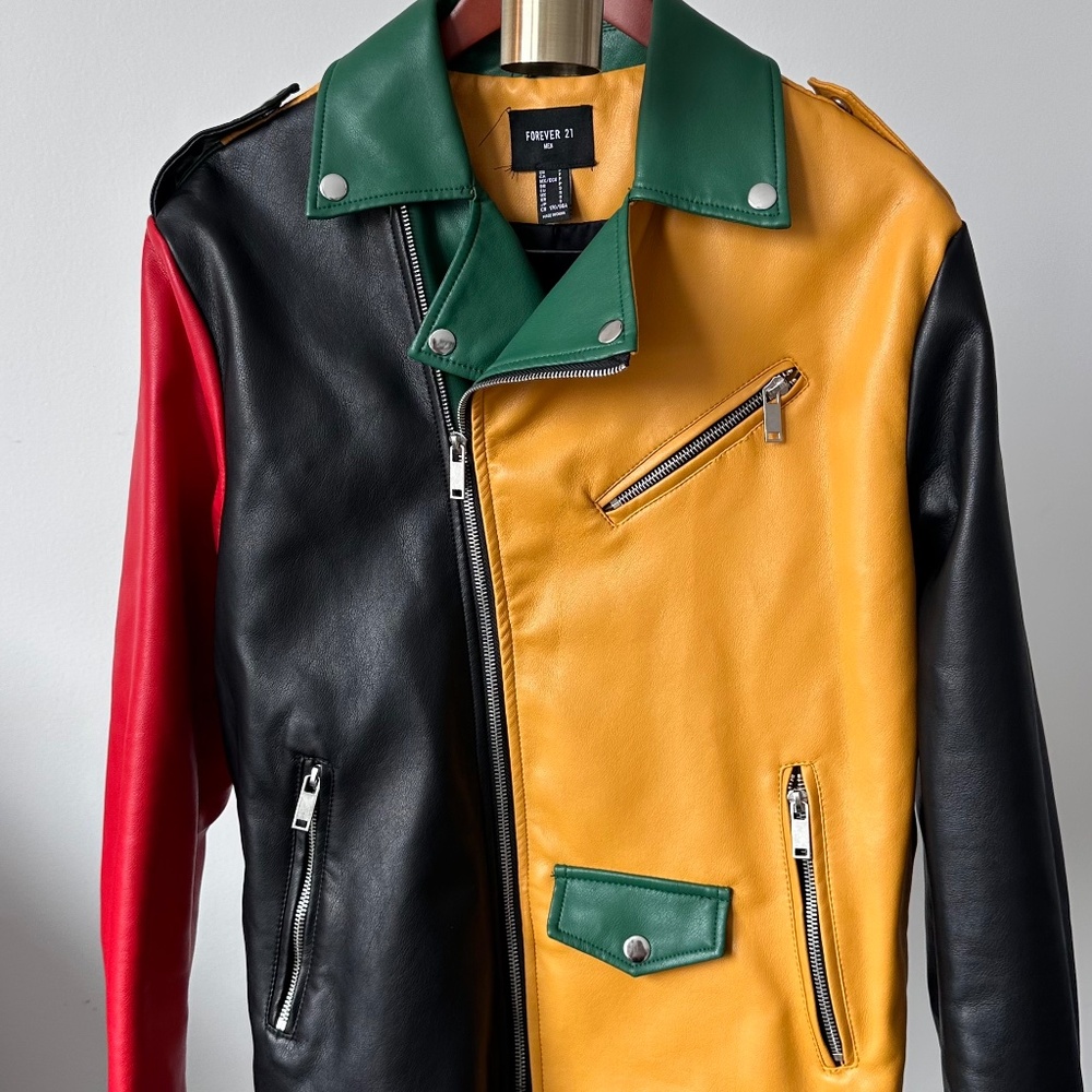 Color-Block Moto Leather Jacket Forever 21